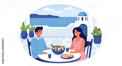 Flat vector illustration of couple eating Greek salad and pita on Santorini terrace with sea and white architecture background, highlighting traditional Mediterranean cuisine culture