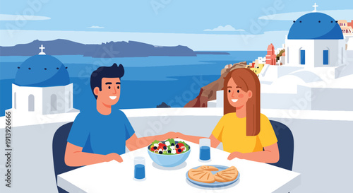 Flat vector illustration of couple eating Greek salad and pita on Santorini terrace with sea and white architecture background, highlighting traditional Mediterranean cuisine culture
