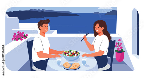 Flat vector illustration of couple eating Greek salad and pita on Santorini terrace with sea and white architecture background, highlighting traditional Mediterranean cuisine culture