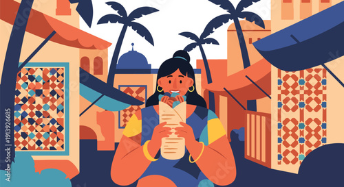 Flat vector illustration of woman eating shawarma in North African marketplace with mosaic walls and palm trees, celebrating traditional Middle Eastern cuisine culture