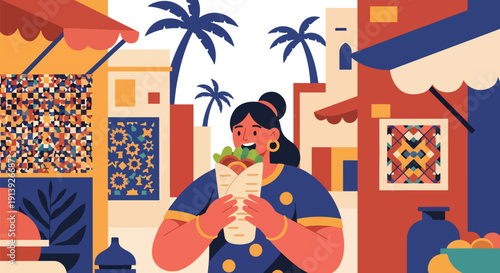 Flat vector illustration of woman eating shawarma in North African marketplace with mosaic walls and palm trees, celebrating traditional Middle Eastern cuisine culture