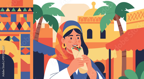 Flat vector illustration of woman eating shawarma in North African marketplace with mosaic walls and palm trees, celebrating traditional Middle Eastern cuisine culture