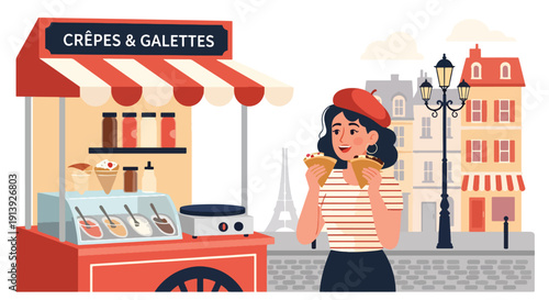 Flat vector illustration of woman eating crepe at Paris street food cart with cobblestone road and café background, highlighting traditional French dessert cuisine