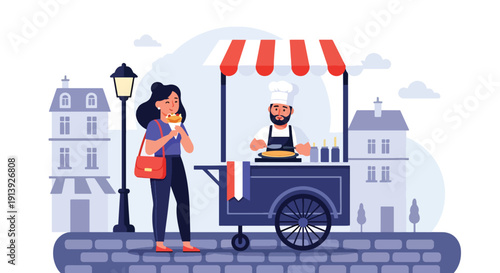 Flat vector illustration of woman eating crepe at Paris street food cart with cobblestone road and café background, highlighting traditional French dessert cuisine