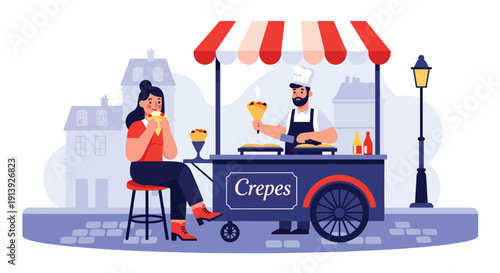 Flat vector illustration of woman eating crepe at Paris street food cart with cobblestone road and café background, highlighting traditional French dessert cuisine