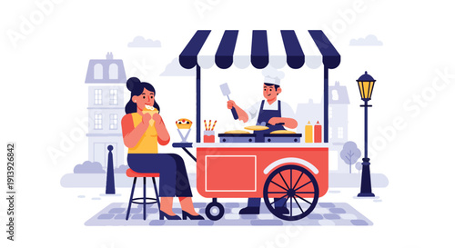 Flat vector illustration of woman eating crepe at Paris street food cart with cobblestone road and café background, highlighting traditional French dessert cuisine