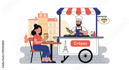 Flat vector illustration of woman eating crepe at Paris street food cart with cobblestone road and café background, highlighting traditional French dessert cuisine