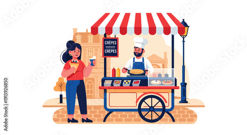 Flat vector illustration of woman eating crepe at Paris street food cart with cobblestone road and café background, highlighting traditional French dessert cuisine
