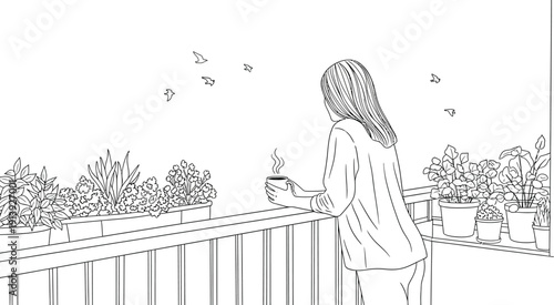 Serene woman enjoying coffee on balcony with lush plants and birds