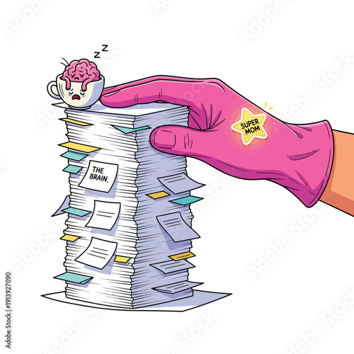 Super Mom Burnout: Exhausted Brain Sleeping in Teacup on Massive Paperwork Stack Illustration.