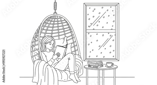 Relaxed woman reading in cozy hanging chair with books and coffee nearby