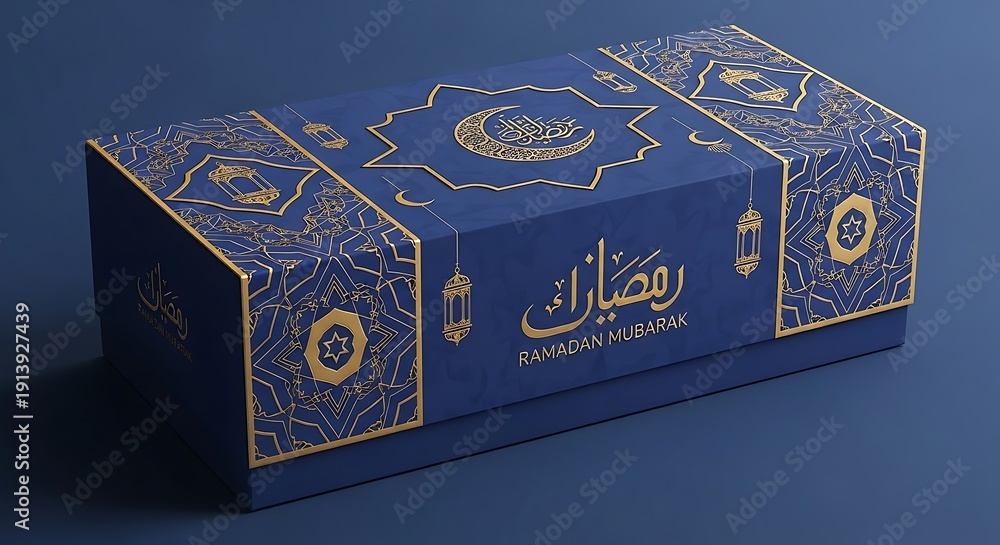 Fototapeta premium Elegant blue gift box with gold decorations and text design