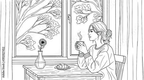 Woman enjoying quiet morning with coffee and croissant by window