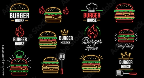 Neon Burger Logo Collection – Modern Burger House Vector Illustration on Black Background