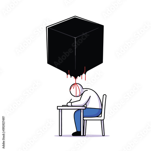 Academic Pressure and Mental Health Burden: Stick Figure Student Writing Under a Heavy Black Cube Dripping Stress