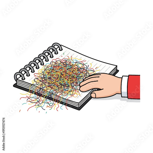 Hand on Notebook with Tangled Colorful Scribbles. Concept of Chaos, Confusion, Complexity, and Brainstorming Mess.