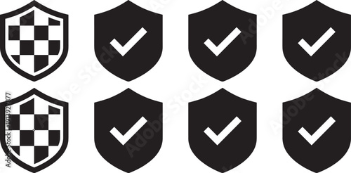 Black and white checkered shields with contrasting verified checkmark shield icons in grid layout, symbolizing security, protection, verification, and digital safety concepts for user interface design