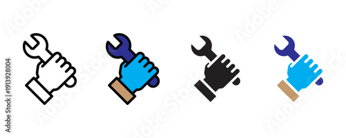 Hand holding wrench tool and repair service icon vector. Technician arm with spanner for maintenance, plumbing, and labor symbol set. Vector illustration.
