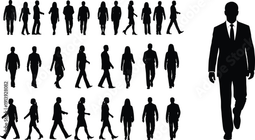 Walking and standing people silhouette set, business men and women talking, casual crowd collection, human figures, cad drawing flat vector illustration