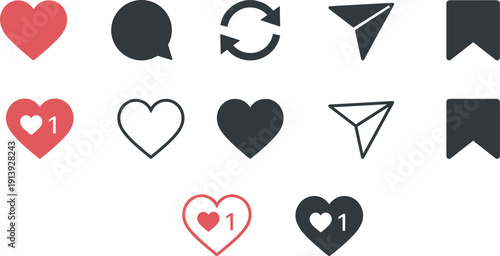 Social media user interface icons including heart, comment, share, save, and notification variations in outlined, solid, and styled formats for engagement, interaction, and digital design
