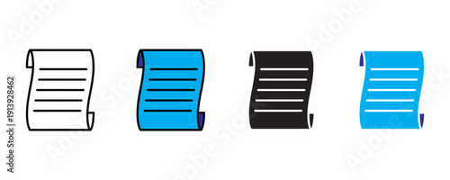 Ancient paper scroll and historical document icon vector. Blue rolled parchment for literature, law, and education symbol set. Vector illustration.