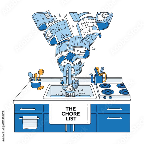 Overwhelming Chore List Illustration with Architectural Blueprints Flowing from Faucet into Kitchen Sink.