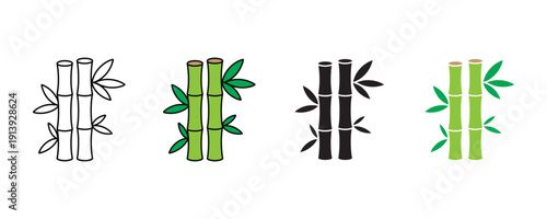 Green bamboo stalk and tropical leaf icon vector. Natural wood plant for zen garden, sustainability, and forest symbol set. Vector illustration.