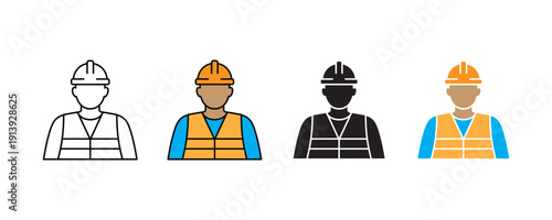Construction worker and engineer avatar icon vector. Professional builder with safety helmet and vest for industrial labor symbol set. Vector illustration.