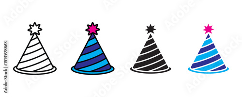 Festive party hat and birthday celebration icon vector. Striped cone headwear with star for holiday event and anniversary symbol set. Vector illustration.