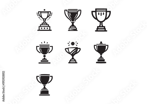 winning trophy logo silhouette vector, winning trophy logo icon silhouette vector, champion silhouette trophy cup, black gold trophy cup award vector silhouettes on a white background.