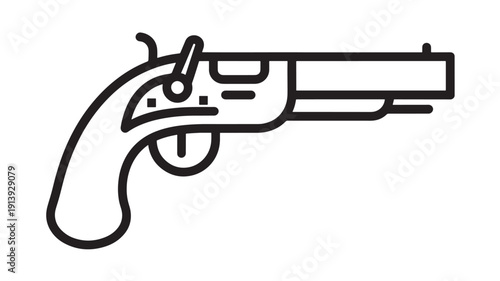 Pistol icon in bold black outline showing a vintage handgun silhouette, minimal line art firearm symbol isolated on white background for security, danger and law themes