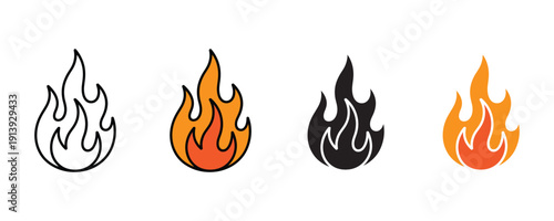 Fire flame and hot heat energy icon vector. Orange bonfire blaze for campfire, danger, or fuel power symbol set. Vector illustration.