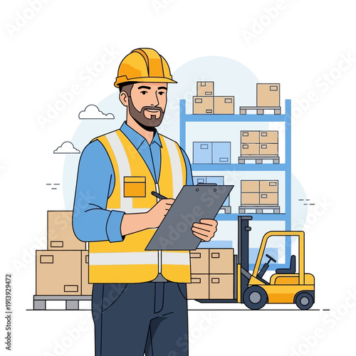 Man in yellow safety gear clipboard.