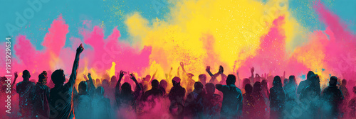 People celebrate Holi by throwing vibrant colored powders into the air in a joyful display. The sun shines down on the festive crowd enjoying the lively atmosphere of the celebration