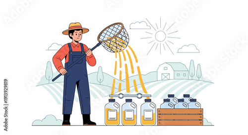 Man holding a fishing net pouring eggs.