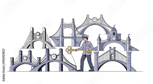 Man holding large golden key standing.