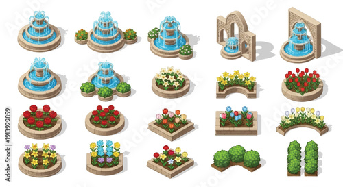 Collection of 3D Fountains and Landscaping Elements.