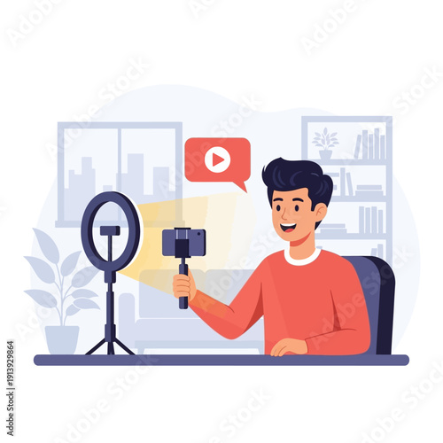 Man holding smartphone with ring light.