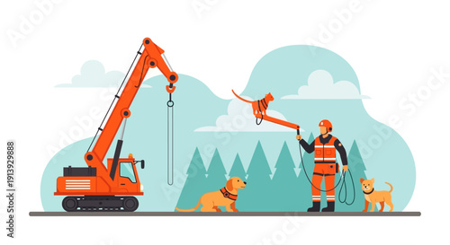 Man in orange uniform with dogs.