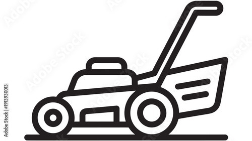 Lawn mower line icon in black outline style, modern gardening equipment symbol isolated on white background for landscaping, yard maintenance, app UI and web design