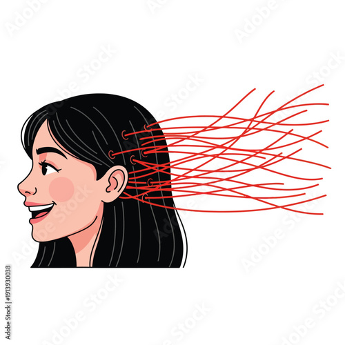 Woman's Head Connected by Red Wires to External System: Concept of Mind Control, Digital Data Flow, Manipulation, and Brain Interface Technology.