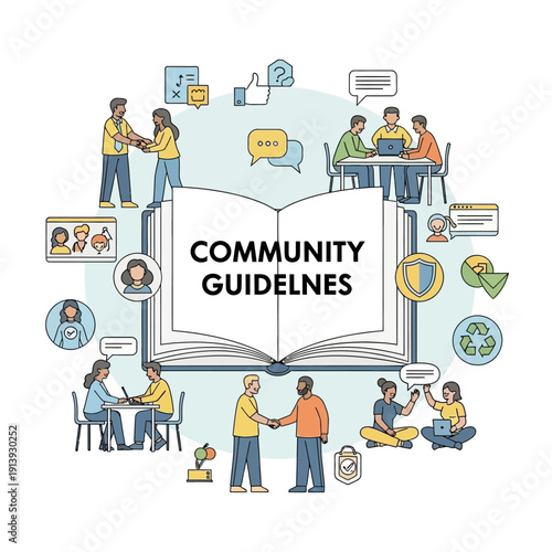 People reading and discussing community guidelines.