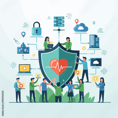 People protecting a large shield symbol.