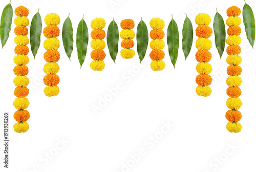 Vibrant marigold garland with green leaves for Indian festival decoration