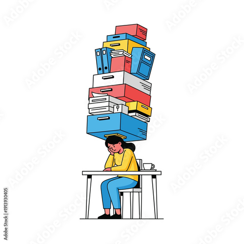Work Overload and Burnout Concept: Stressed woman burdened by a giant, precarious stack of paperwork, folders, and file boxes.