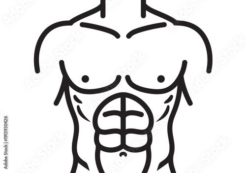 Male muscular torso icon in bold black line art showing chest and abs, fitness gym and bodybuilding symbol isolated on white background vector style featuring six pack, pectorals, workout with