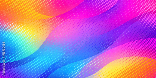 Abstract colorful background design featuring vibrant green waves and halftone circle patterns with flowing digital energy lines for a creative technology web banner template