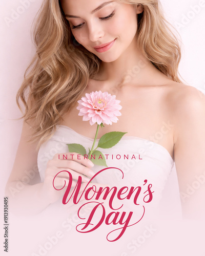 International women’s day elegant portrait with pink flower poster