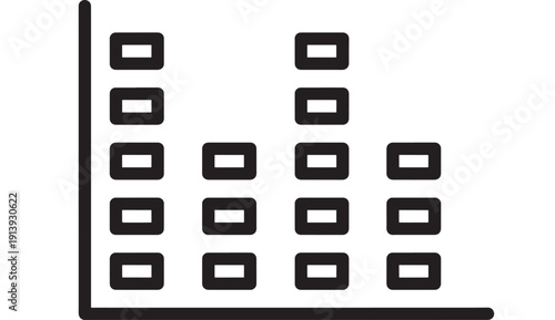 Bar chart icon showing grouped columns on axes, simple black outline analytics symbol for statistics, business reporting, dashboard UI, and data visualization