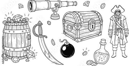 Pirate Treasure Outline Vector Set with Chest, Barrel, Sword, Bomb, Telescope, Gems, and Captain Character for Nautical Adventure Designs